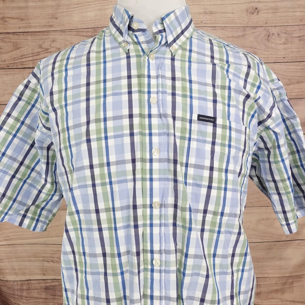 Hathaway Shirt Mens XL Blue Green Plaid Short Sleeve Button-Up Cotton Casual